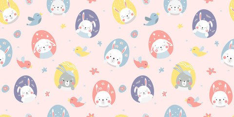 Seamless pattern with cute bunnies. Spring holiday bunnies with colored eggs, flowers. Vector graphics.