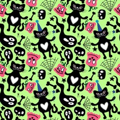 Halloween cat seamless pumpkins and ghost pattern for wrapping paper and fabrics and linens and kids clothes