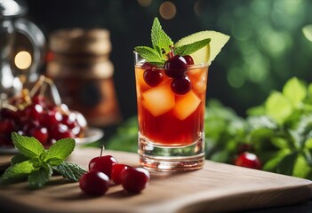 A delicious Mai Tai in a glass with mint and cocktail cherry as decoration on a wooden table
