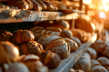 Loaf of fresh baked bread on a shelf. Loaves of bread market showcase. Generative AI