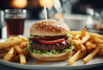 Delicious fresh hot large burger with french fries on a plate