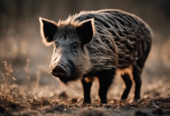 Wild boar pig standing on a dusty land