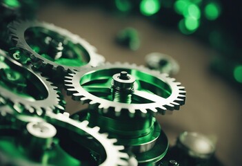 Clockwork cog gears mechanism in green tones
