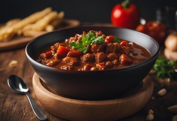 View of a goulash in a bowl close up Stew of meat Hungarian Goulash beef stew-soup - obrazy, fototapety, plakaty