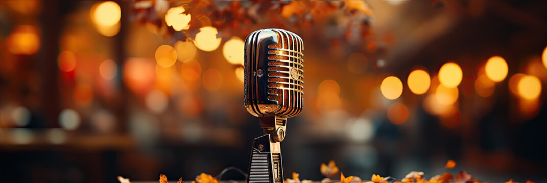Banner with close-up of microphone against glittering blurry autumn background