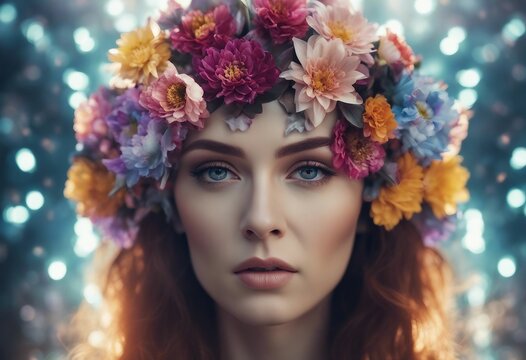 Woman with blue eyes and colorful flowers in a hair and around her head