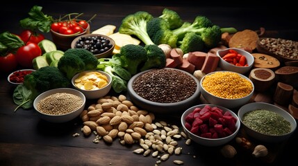 Healthy food vegetarian vegan food concept. Various assorted organic cereals, vegetables, whole grains