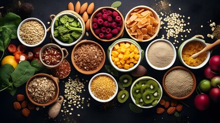 Healthy food vegetarian vegan food concept. Various assorted organic cereals, vegetables, whole grains