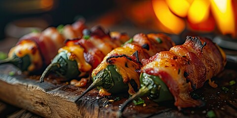 Spicy, Smoky, Savory - Bacon-Wrapped JalapeÃ±o Poppers - Culinary Explosion of Flavors - Intense Lighting Capturing Savory Delight