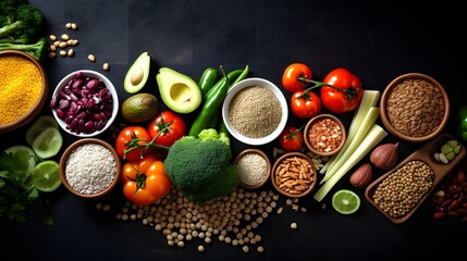 Obraz na płótnie Canvas Healthy food vegetarian vegan food concept. Various assorted organic cereals, vegetables, whole grains