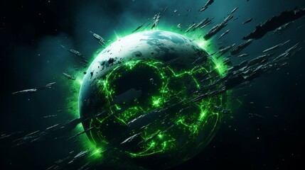 
Digital green futuristic globe, viewed from space, in the solar system, in the stars, view of the earth, our planet, ai, cyber, eco, climate