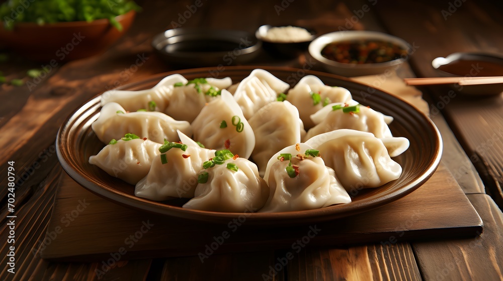 Wall mural picture of a plate of dumplings on wooden tabl