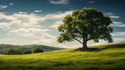 Fototapeta na wymiar Lonely green oak tree in the field