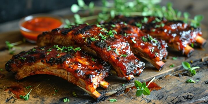 Southern BBQ with a Sweet Kick - Peach Bourbon Glazed Ribs - Flavorful Indulgence on the Grill - Warm Light Capturing Culinary BBQ Extravaganza