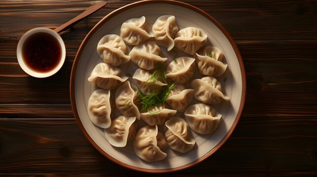 Picture of a plate of dumplings on wooden tabl