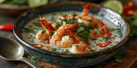 Exotic Seafood Euphoria - Thai Coconut Lime Soup with Shrimp - Seafood Bliss in Every Spoonful - Subtle Light Enhancing Culinary Exotica - obrazy, fototapety, plakaty