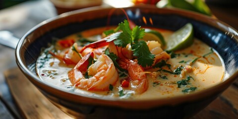 Exotic Seafood Euphoria - Thai Coconut Lime Soup with Shrimp - Seafood Bliss in Every Spoonful - Subtle Light Enhancing Culinary Exotica - obrazy, fototapety, plakaty