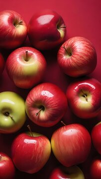 The image displays a cluster of shiny, juicy red apples on a dark background, likely representing freshness and naturalness.