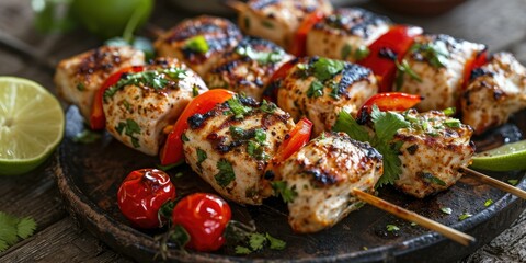 Flavorful BBQ Delight - Cumin Lime Grilled Chicken Skewers - Culinary Fiesta on a Stick - Bold Light Capturing Grilled Chicken Euphoria
