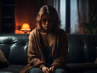 Sad lonely woman sitting alone in dark living room, depression and mental health - obrazy, fototapety, plakaty