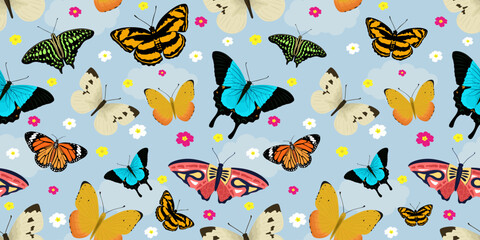 Seamless pattern with tropical various butterflies and flowers on blue background. Exotic moth with colorful and multicolor wings. Beautiful flying summer insects. Butterfly repeated texture. Vector