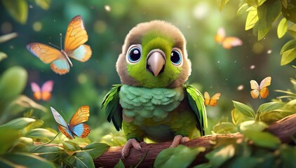 Garden Jewel: Colorful Parrot Sharing a Tropical Branch with a Beautiful Butterfly - 702481938