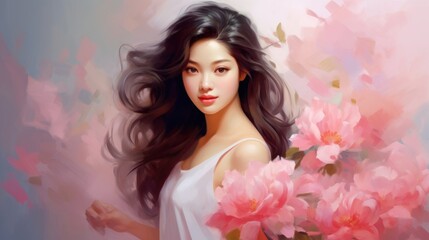Pretty Asian brunette woman with pink flowers. Romantic lady. Illustration in style of oil painting. Postcard, greeting for International Womens Day. Valentine day. Wall decor, print.