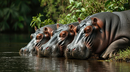 A group of hippos finds respite from the heat, lounging by the water's edge against a lush green background
