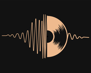 Retro vinyl record and sound on black background. Music poster, banner, vector