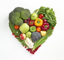 Zdrowa dieta, warzywa i owoce ułożone w kształcie serca. Zdrowe odżywianie  - obrazy, fototapety, plakaty