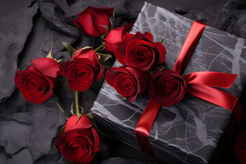 Grey present with red roses