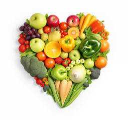 Zdrowa dieta, warzywa i owoce ułożone w kształcie serca. Zdrowe odżywianie 