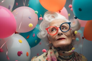 Obraz na płótnie Canvas Granny with orange and blue glasses celebrating her birthday