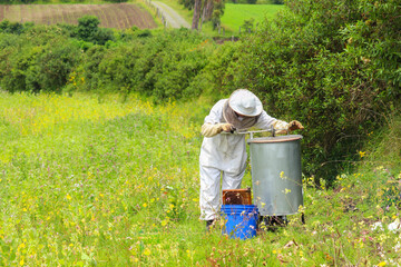mujer apicultora trabajando en medio de los la naturaleza exterior haciendo fuerza con su maquina...