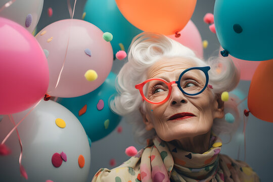 Granny with orange and blue glasses celebrating her birthday