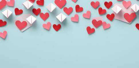 Red and Pink paper hearts on turquoise background, paper art style