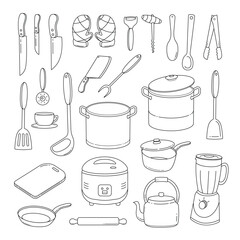 Doodle hand drawn kitchen utencils. Set of kitchenware sketch. Vintage doodles for design restaurant menus and decorating vector illustration