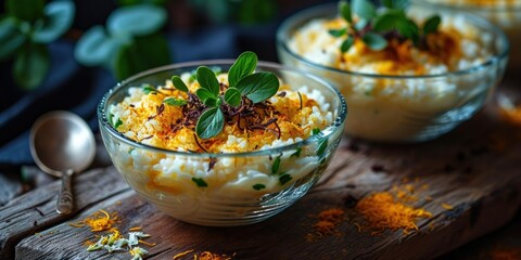 Aromatic Dessert Comfort - Saffron Vanilla Bean Rice Pudding - Warmth in Every Spoonful - Soft Light Enhancing Culinary Dessert Comfort