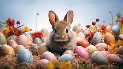 Cute Easter Bunny adorable baby rabbit surrounded by easter eggs