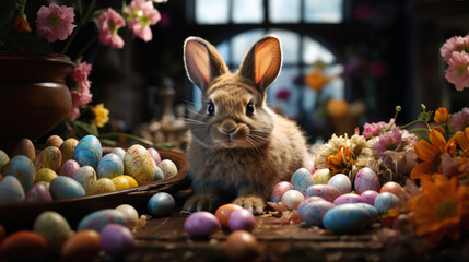 Fototapeta na wymiar Cute Easter Bunny adorable baby rabbit surrounded by easter eggs