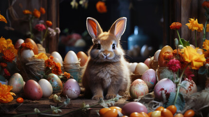 Fototapeta na wymiar Cute Easter Bunny adorable baby rabbit surrounded by easter eggs