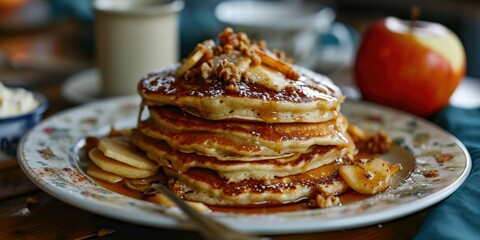 Fall Breakfast Delight - Cinnamon Apple Pie Pancakes - Morning Bliss on Your Plate - Soft Light Accentuating Breakfast Elegance