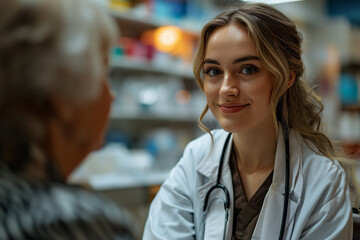 Young Doctor Providing Support and Optimistic Consultation to Senior Patient in a Well-Equipped Medical Office Setting, Working Good Medicine, drug store