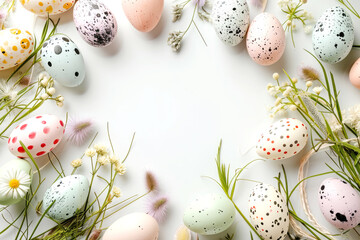 Easter decoration with colorful easter eggs on white background with empty space for your text. - Powered by Adobe