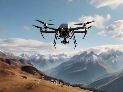 Drone flying above the mountains, technology in nature