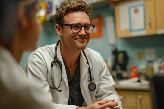Young Doctor Providing Support and Optimistic Consultation to Senior Patient in a Well-Equipped Medical Office Setting, Working Good Medicine