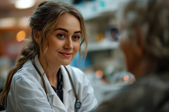 Young pharmacist Working in Drugstore Consultation to Senior Patient in a Well-Equipped Medical Office Setting, Working Good Medicine, Pharmacy