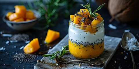 Tropical Breakfast Indulgence - Mango Coconut Chia Pudding Parfait - Morning Bliss in a Jar - Soft Light Enhancing Breakfast Elegance