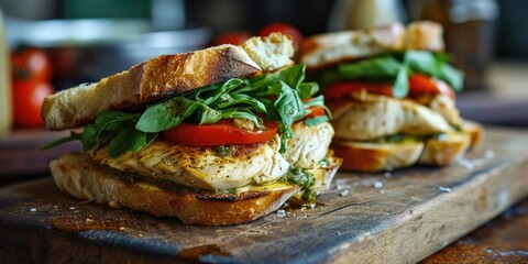 Italian Fusion on a Bun - Pesto Caprese Chicken Sandwich - Gourmet Indulgence between Buns - Soft Light Accentuating Sandwich Fusion