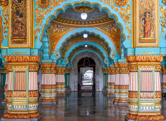 Colorful interior of Historic Mysore Maharaja palace